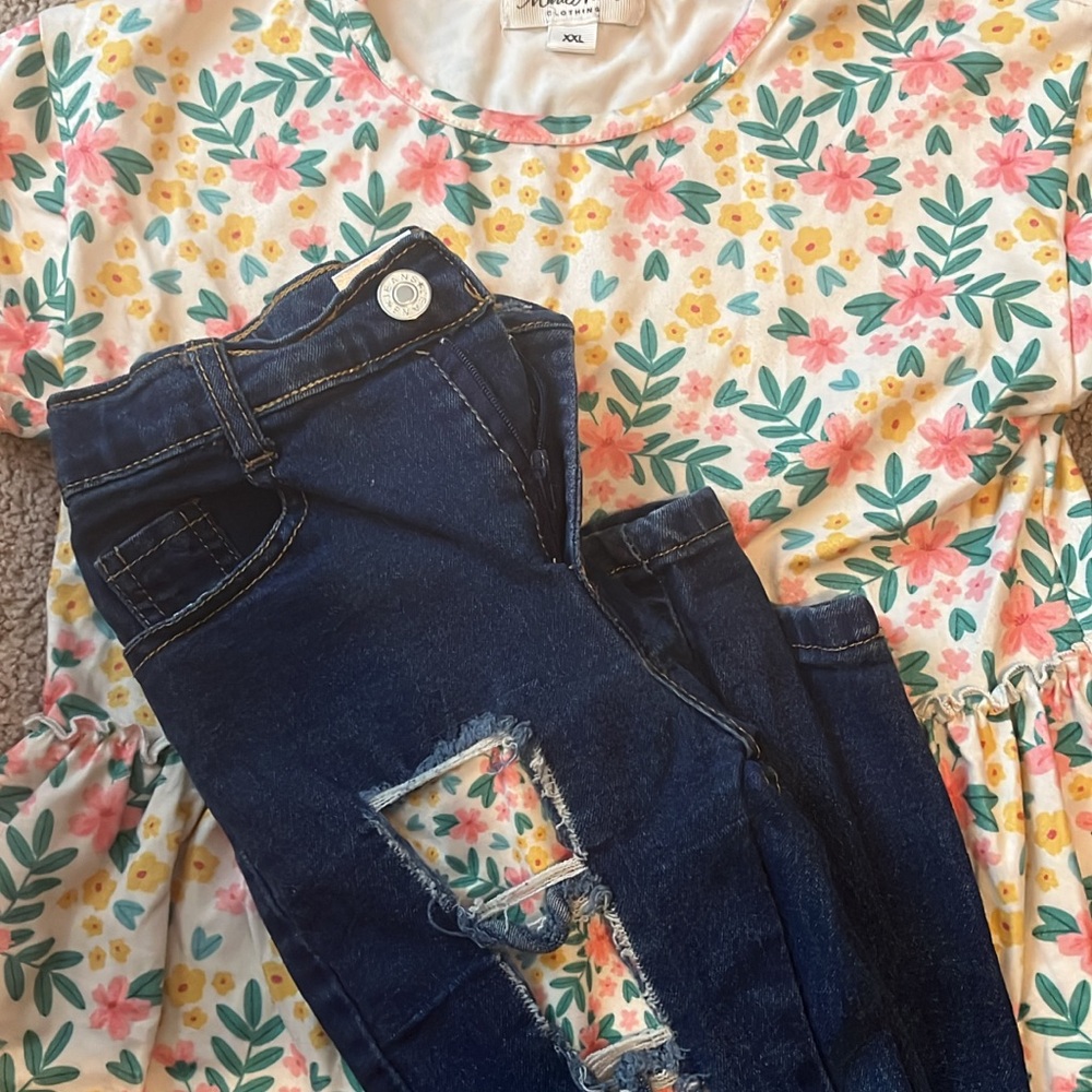 Girls Floral Top and Dark Blue Denim Matching Set - XX-L
